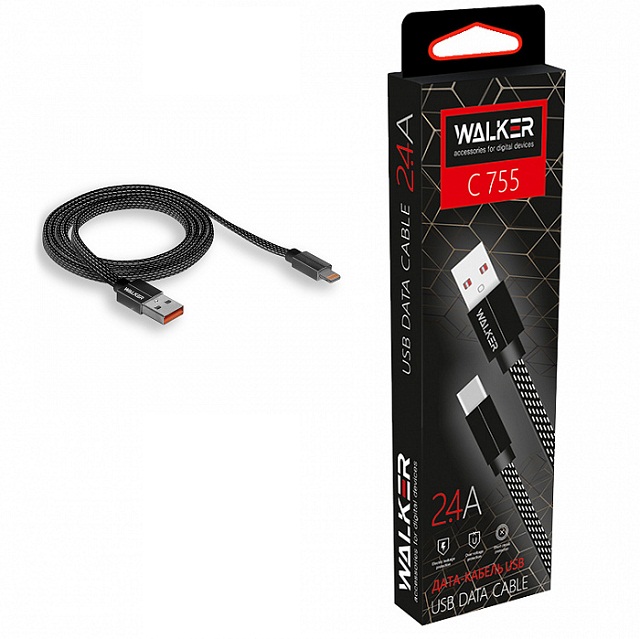 (WALKER) Телефонный КАБЕЛЬ Micro USB, С755, в матерчатой обмотке, плоский, цвет ЧЁРНЫЙ