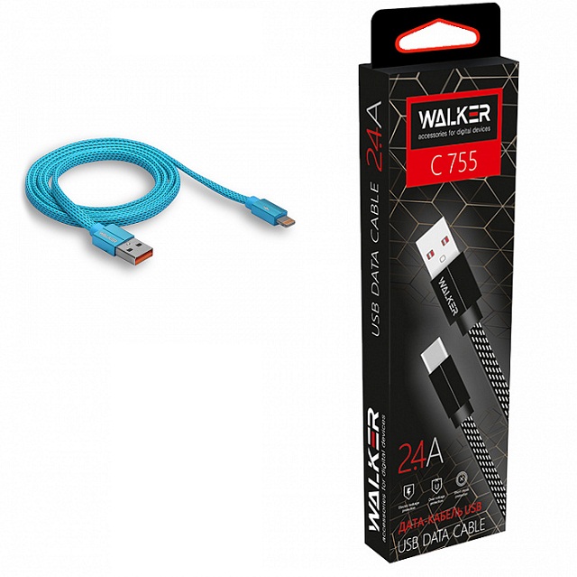 (WALKER) Телефонный КАБЕЛЬ Micro USB, С755, в матерчатой обмотке, плоский, цвет СИНИЙ