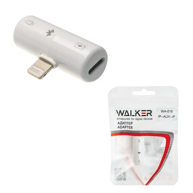 (WALKER) Адаптер IP (папа) - 2в1 наушник IP (мама) + зарядка IP (мама), кабель (iOS13) цвет БЕЛЫЙ