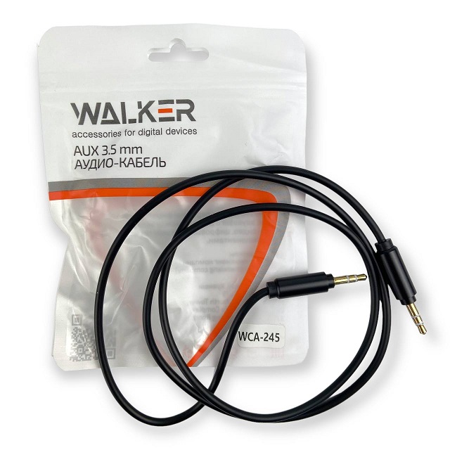 (WALKER) Телефонный КАБЕЛЬ AUX аудио WCA-245, 3,5мм A-A 1 м, с металл. разьемами, цвет ЧЕРНЫЙ