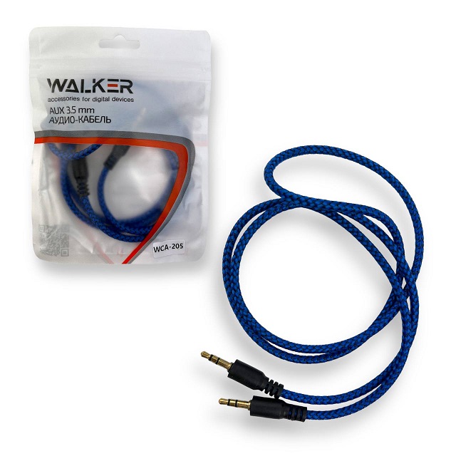 (WALKER) Телефонный КАБЕЛЬ AUX аудио WCA-205, 3,5 мм, 1 м, в полиуретановой обмотке, цвет ЧЕРНЫЙ