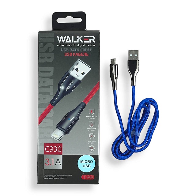 (WALKER) Телефонный КАБЕЛЬ Micro USB С930, в матерчатой обмотке, с индикатором, быстрый заряд, цвет СИНИЙ