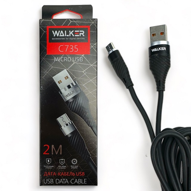 (WALKER) Телефонный КАБЕЛЬ Micro USB C735,  с металлическим разъёмом, 2 метра, цвет ЧЁРНЫЙ