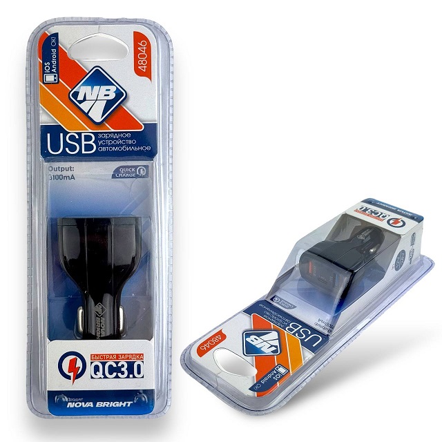 (Nova Bright) Телефонное АЗУ 2 USB + Type-C, 3,1 А, QC3.0 (быстрая зарядка), LED подсветка, 12/24V /25