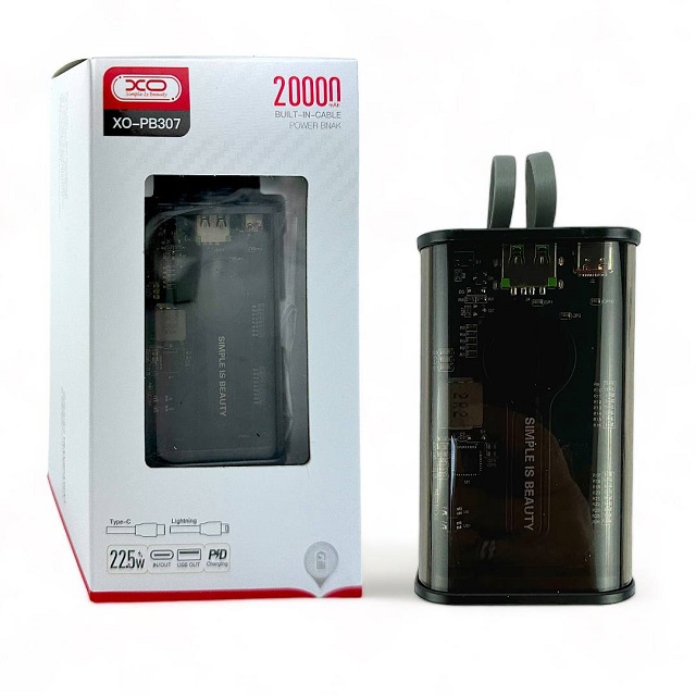 (XO) ЗУ Power Bank на 20 000 mAh, USB-A + USB-C, кабель TYPE-C + Lightning, цвет ПРОЗРАЧНЫЙ с дисплеем