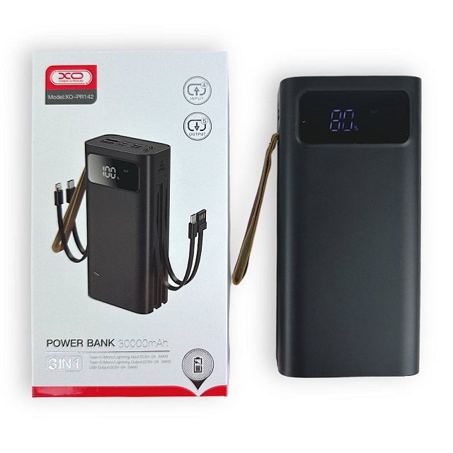 (XO) ЗУ Power Bank на 30 000 mAh, USB-A + USB-C+ USB-Micro, дисплей, цвет ЧЕРНЫЙ