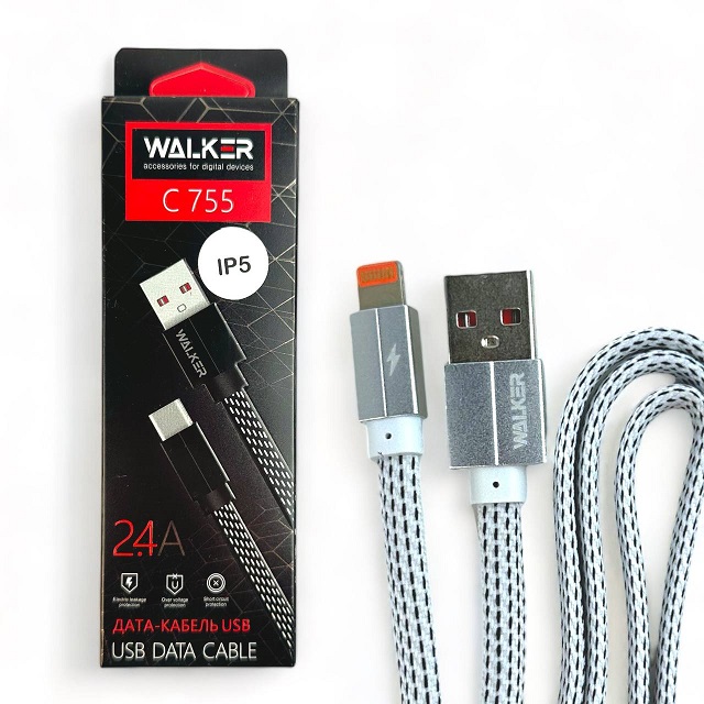 (WALKER) Телефонный КАБЕЛЬ IPhone USB, С755, в матерчатой обмотке, плоский, цвет БЕЛЫЙ